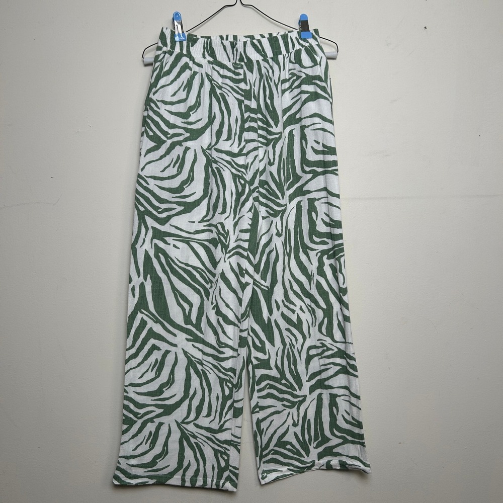 4th & Reckless Women Linen Blend Wide Leg Pants Green Zebra Print  Size S